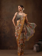 Multicolor Silk Blend Digital Print Floral Saree with Unstitched Blouse - Hiral Fashion