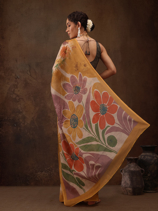 Multicolor Silk Blend Digital Print Floral Saree with Unstitched Blouse - Hiral Fashion