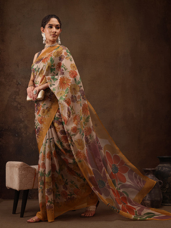 Multicolor Silk Blend Digital Print Floral Saree with Unstitched Blouse - Hiral Fashion