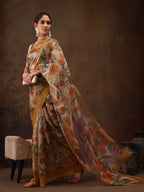 Multicolor Silk Blend Digital Print Floral Saree with Unstitched Blouse - Hiral Fashion