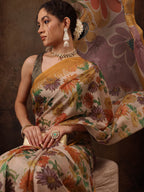 Multicolor Silk Blend Digital Print Floral Saree with Unstitched Blouse - Hiral Fashion