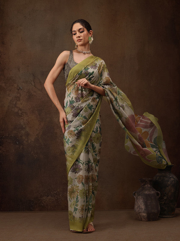 Multicolor Silk Blend Digital Print Floral Saree with Unstitched Blouse - Hiral Fashion