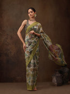 Multicolor Silk Blend Digital Print Floral Saree with Unstitched Blouse - Hiral Fashion