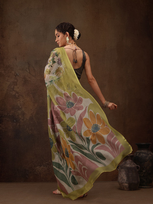 Multicolor Silk Blend Digital Print Floral Saree with Unstitched Blouse - Hiral Fashion