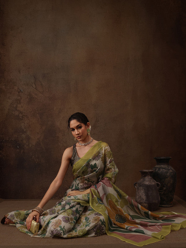 Multicolor Silk Blend Digital Print Floral Saree with Unstitched Blouse - Hiral Fashion