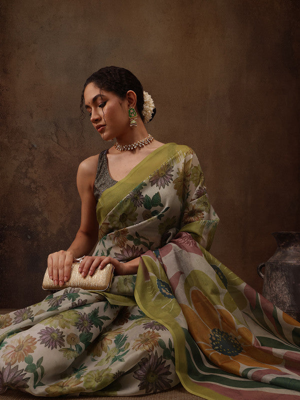 Multicolor Silk Blend Digital Print Floral Saree with Unstitched Blouse - Hiral Fashion