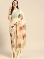Beige Silk Blend Digital Print Geomatric Saree with Unstitched Blouse - Hiral Fashion