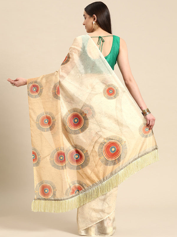 Beige Silk Blend Digital Print Geomatric Saree with Unstitched Blouse - Hiral Fashion
