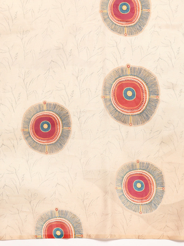 Beige Silk Blend Digital Print Geomatric Saree with Unstitched Blouse - Hiral Fashion