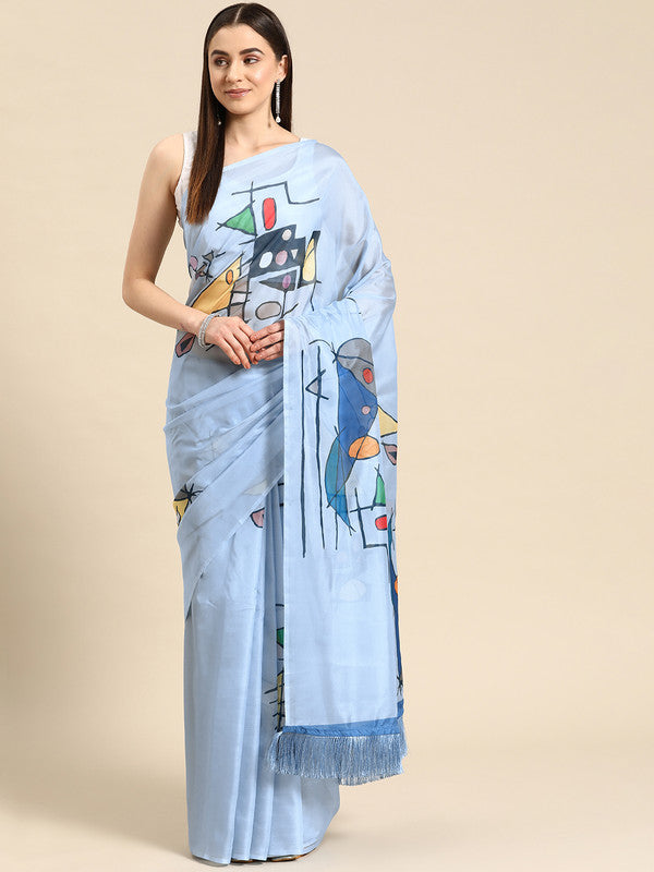 Blue Silk Blend Digital Print Warli Saree with Unstitched Blouse - Hiral Fashion