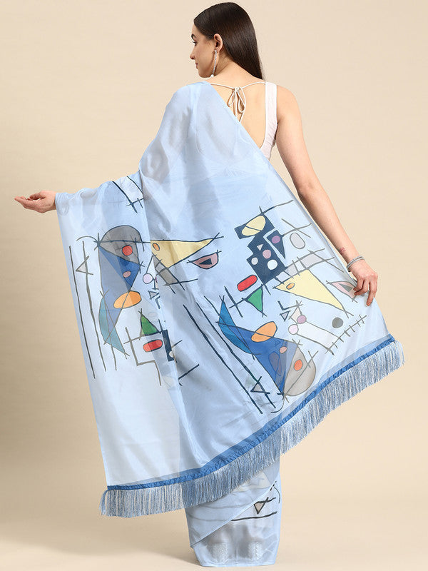 Blue Silk Blend Digital Print Warli Saree with Unstitched Blouse - Hiral Fashion