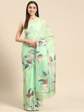 Green Silk Blend Digital Print Floral Saree with Unstitched Blouse - Hiral Fashion
