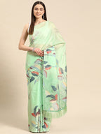 Green Silk Blend Digital Print Floral Saree with Unstitched Blouse - Hiral Fashion
