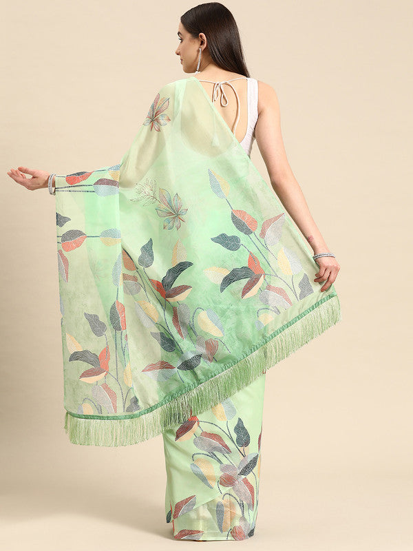 Green Silk Blend Digital Print Floral Saree with Unstitched Blouse - Hiral Fashion