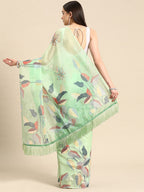 Green Silk Blend Digital Print Floral Saree with Unstitched Blouse - Hiral Fashion