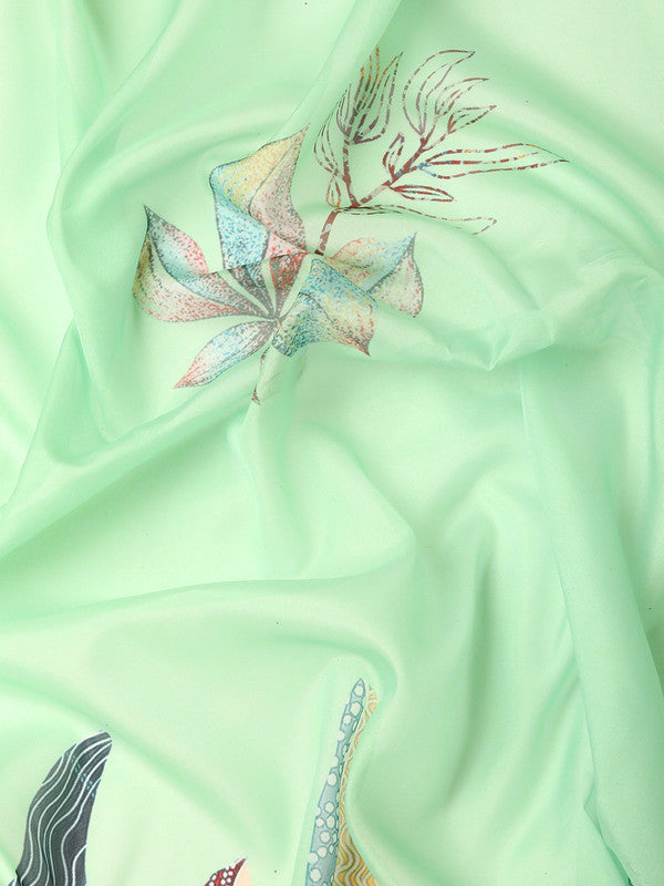 Green Silk Blend Digital Print Floral Saree with Unstitched Blouse - Hiral Fashion