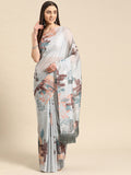 Gray Silk Blend Digital Print Floral Saree with Unstitched Blouse - Hiral Fashion
