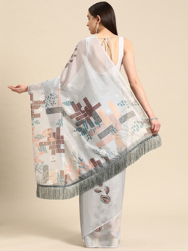 Gray Silk Blend Digital Print Floral Saree with Unstitched Blouse - Hiral Fashion