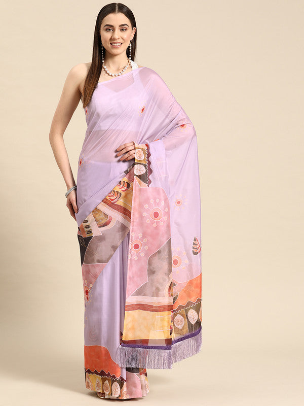 Lavender Silk Blend Digital Print Floral Saree with Unstitched Blouse - Hiral Fashion