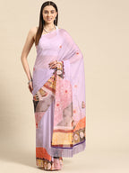 Lavender Silk Blend Digital Print Floral Saree with Unstitched Blouse - Hiral Fashion