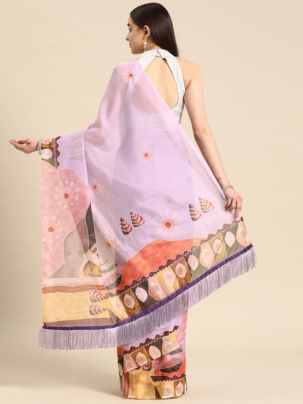 Lavender Silk Blend Digital Print Floral Saree with Unstitched Blouse - Hiral Fashion