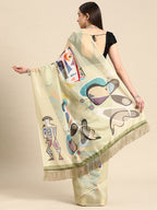 Olive Silk Blend Digital Print Warli Saree with Unstitched Blouse - Hiral Fashion