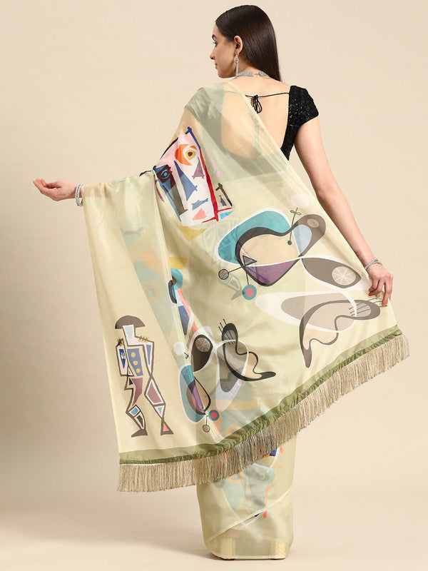 Olive Silk Blend Digital Print Warli Saree with Unstitched Blouse - Hiral Fashion