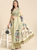 Olive Silk Blend Digital Print Warli Saree with Unstitched Blouse - Hiral Fashion