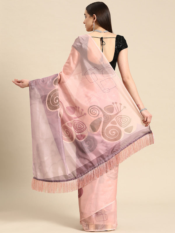 Peach Silk Blend Digital Print Abstract Saree with Unstitched Blouse - Hiral Fashion