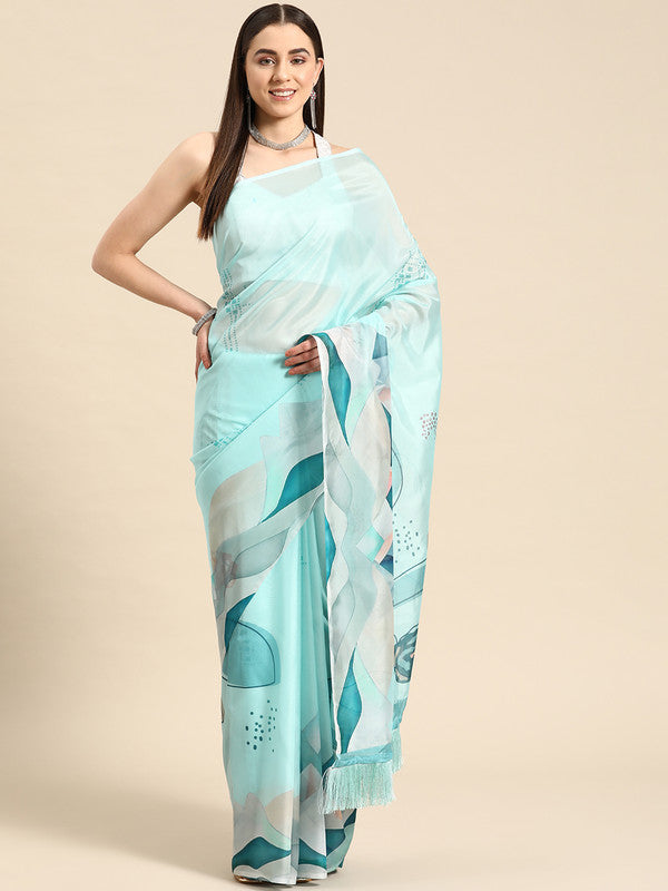 Turquoise Silk Blend Digital Print Abstract Saree with Unstitched Blouse - Hiral Fashion