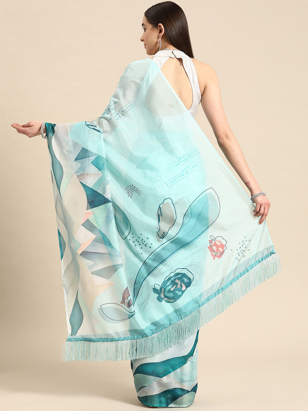 Turquoise Silk Blend Digital Print Abstract Saree with Unstitched Blouse - Hiral Fashion