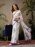 Hiral Fashion White Bollywood Satin Floral Digital Printed Saree