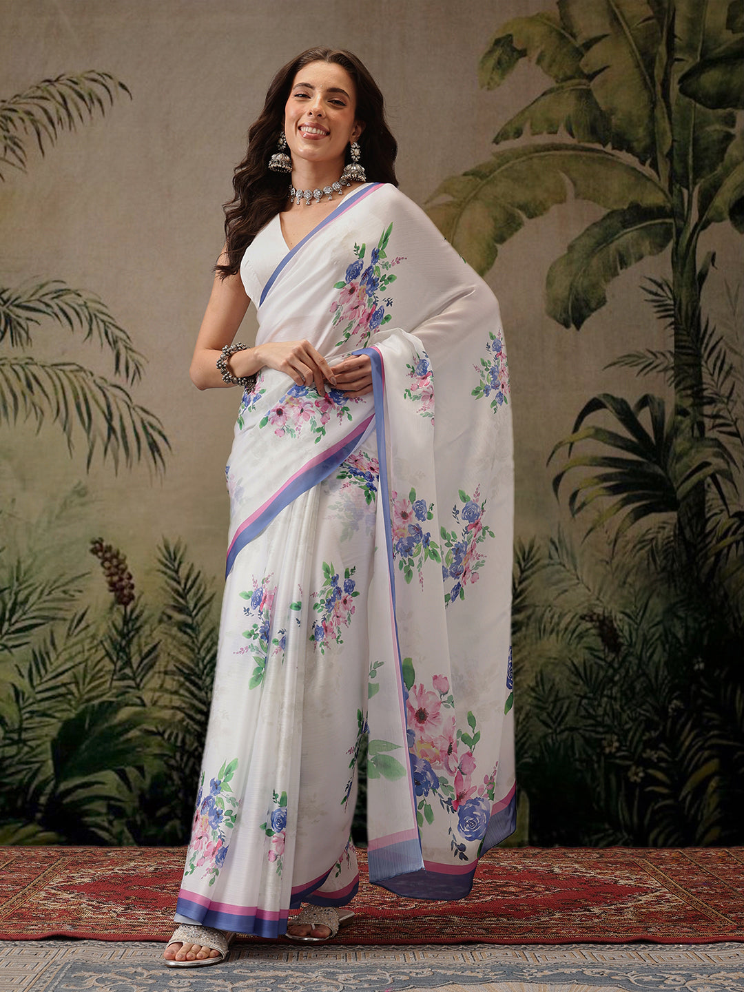 Hiral Fashion White Bollywood Satin Floral Digital Printed Saree