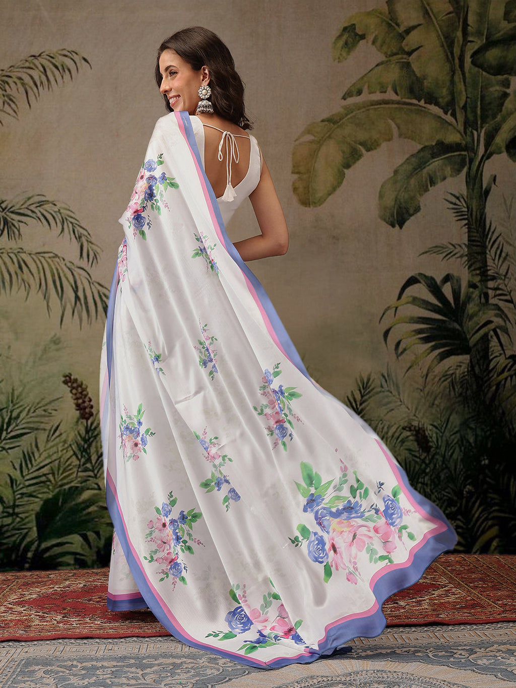 Hiral Fashion White Bollywood Satin Floral Digital Printed Saree