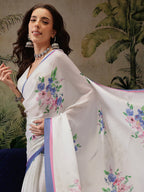 Hiral Fashion White Bollywood Satin Floral Digital Printed Saree