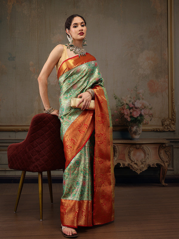 Green Pure Silk Woven Zari Design Floral Saree with Unstitched Blouse - Hiral Fashion