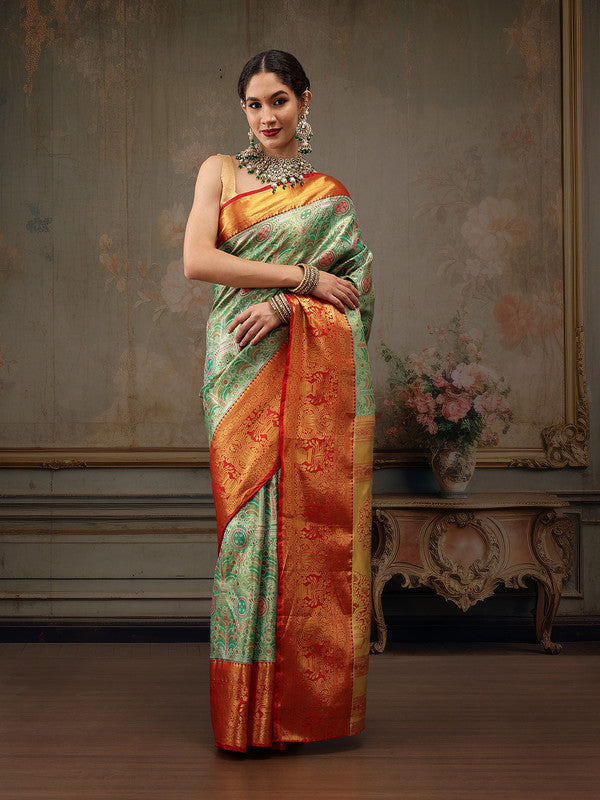 Green Pure Silk Woven Zari Design Floral Saree with Unstitched Blouse - Hiral Fashion