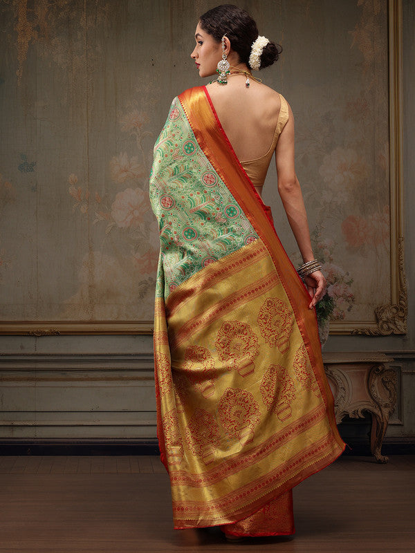 Green Pure Silk Woven Zari Design Floral Saree with Unstitched Blouse - Hiral Fashion