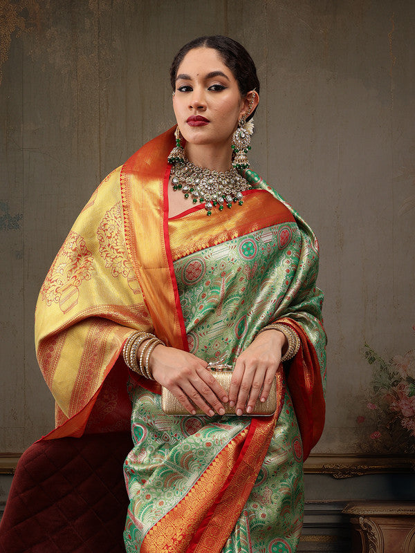 Green Pure Silk Woven Zari Design Floral Saree with Unstitched Blouse - Hiral Fashion