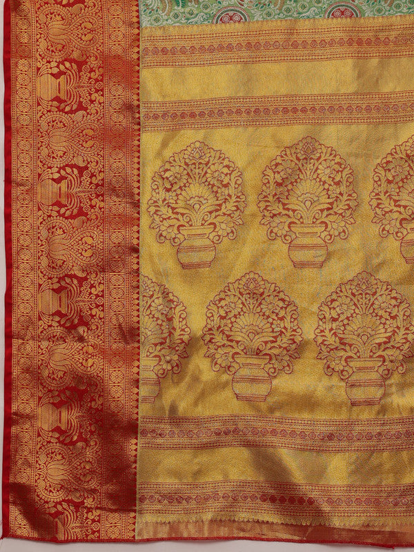 Green Pure Silk Woven Zari Design Floral Saree with Unstitched Blouse - Hiral Fashion