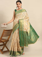 Green Tissue Silk Woven Zari Design Floral Saree with Unstitched Blouse - Hiral Fashion