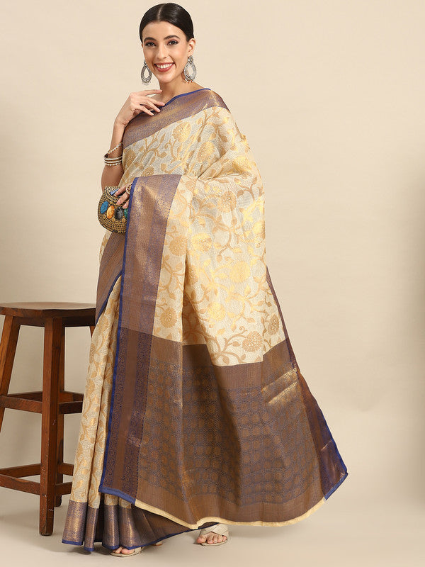 Navy Blue Tissue Silk Woven Zari Design Floral Saree with Unstitched Blouse - Hiral Fashion