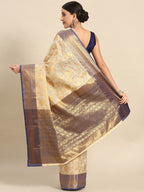 Navy Blue Tissue Silk Woven Zari Design Floral Saree with Unstitched Blouse - Hiral Fashion