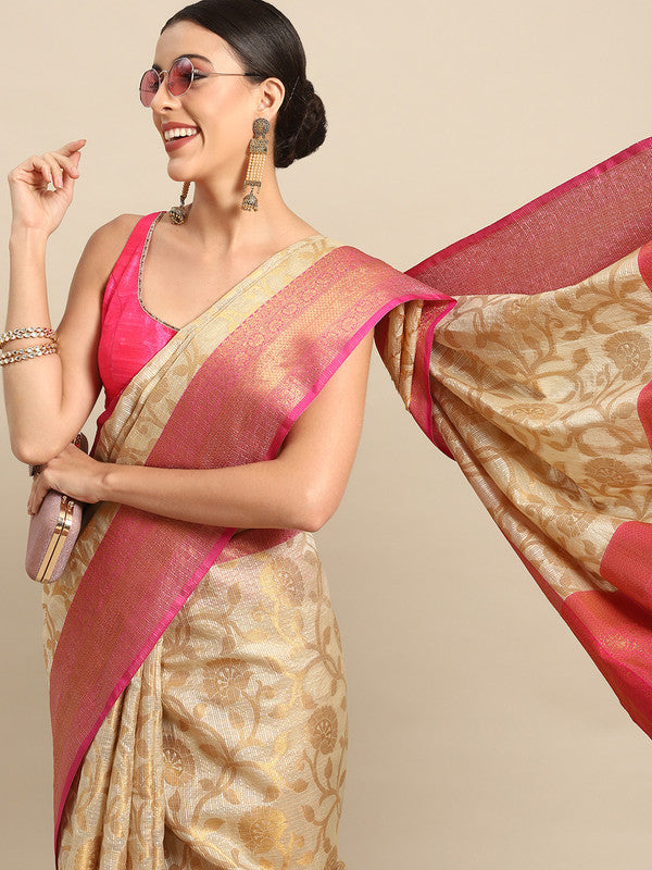 Pink Tissue Silk Woven Zari Design Floral Saree with Unstitched Blouse - Hiral Fashion