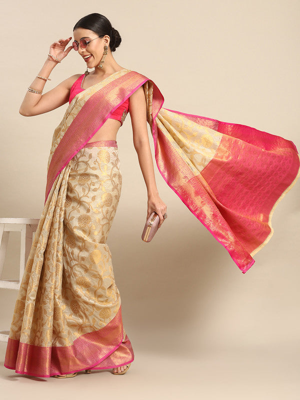 Pink Tissue Silk Woven Zari Design Floral Saree with Unstitched Blouse - Hiral Fashion