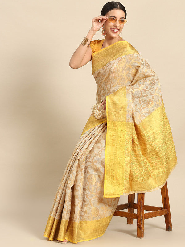 Yellow Tissue Silk Woven Zari Design Floral Saree with Unstitched Blouse - Hiral Fashion