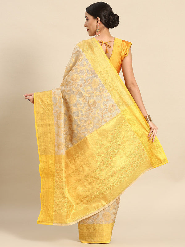Yellow Tissue Silk Woven Zari Design Floral Saree with Unstitched Blouse - Hiral Fashion