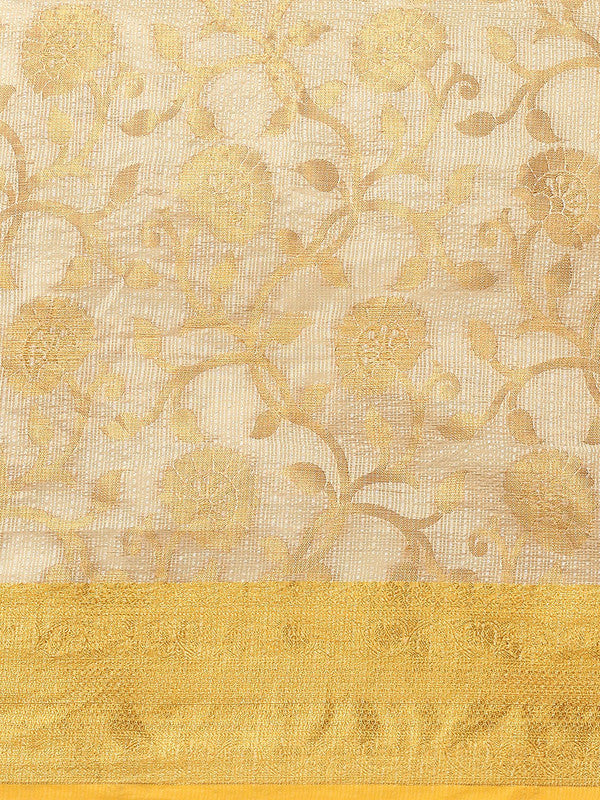Yellow Tissue Silk Woven Zari Design Floral Saree with Unstitched Blouse - Hiral Fashion