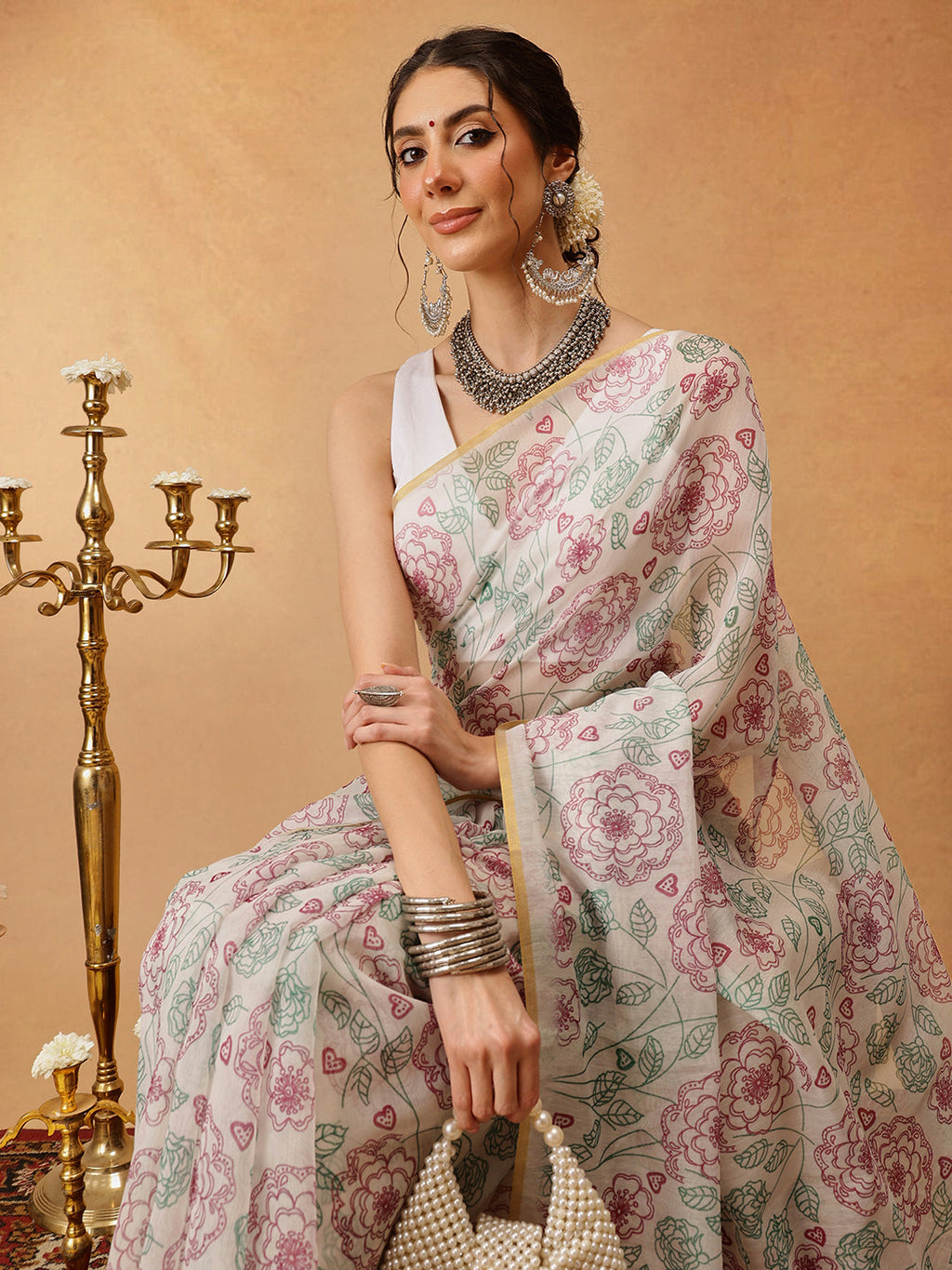 Hiral Fashion Off White Chanderi Cotton Blend Floral Digital Printed Saree