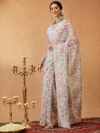 Hiral Fashion Off White Chanderi Cotton Blend Floral Digital Printed Saree